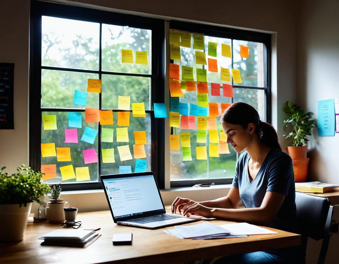 A serene workspace with a bright, open window showcasing nature outside. A person joyfully typing on a sleek laptop, surrounded by colorful sticky notes and a cup of steaming coffee. Soft rays of sunlight illuminate a wall filled with inspiring quotes. Include elements symbolizing creativity, like light bulbs and gears in the background. super-realistic. vibrant colors. airy atmosphere.
