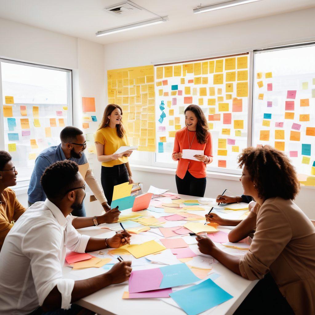 An abstract representation of a vibrant workshop filled with diverse individuals collaborating on creative projects, surrounded by colorful process management tools like flowcharts and sticky notes. A bright, uplifting atmosphere with rays of sunshine streaming in, symbolizing joy and inspiration. The scene should blend elements of creativity, teamwork, and organization. super-realistic. vibrant colors. white background.