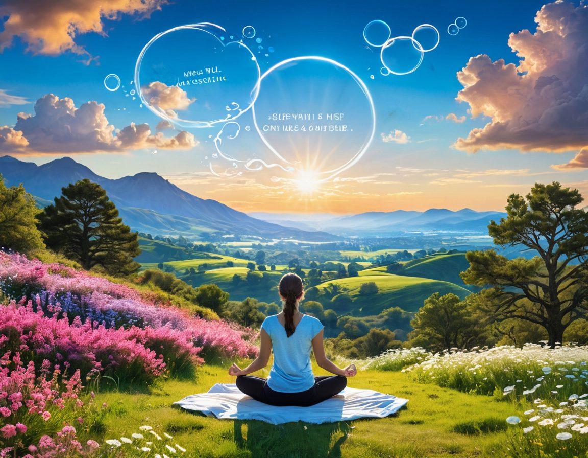 A serene landscape featuring a person meditating atop a vibrant hill, surrounded by blooming flowers and a clear blue sky. In the foreground, glowing text bubbles filled with uplifting phrases related to well-being and creativity float gently around them. Soft light rays shine down, creating an atmosphere of positivity and inspiration. super-realistic. vibrant colors. tranquil setting.